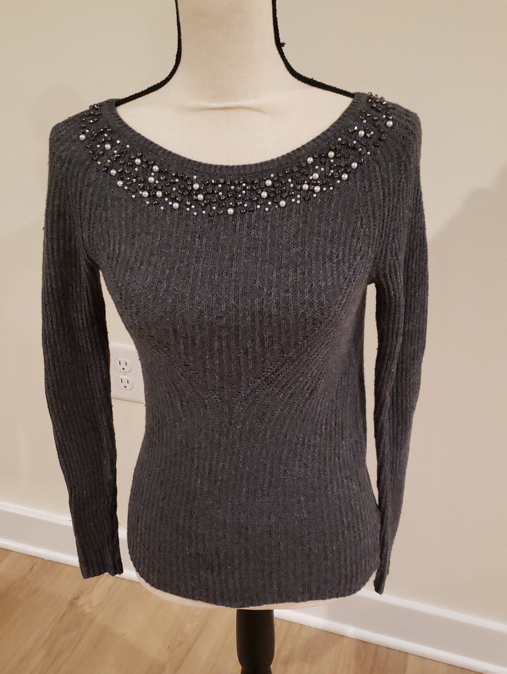 Ann Taylor Charcoal Gray Embellished Sweater